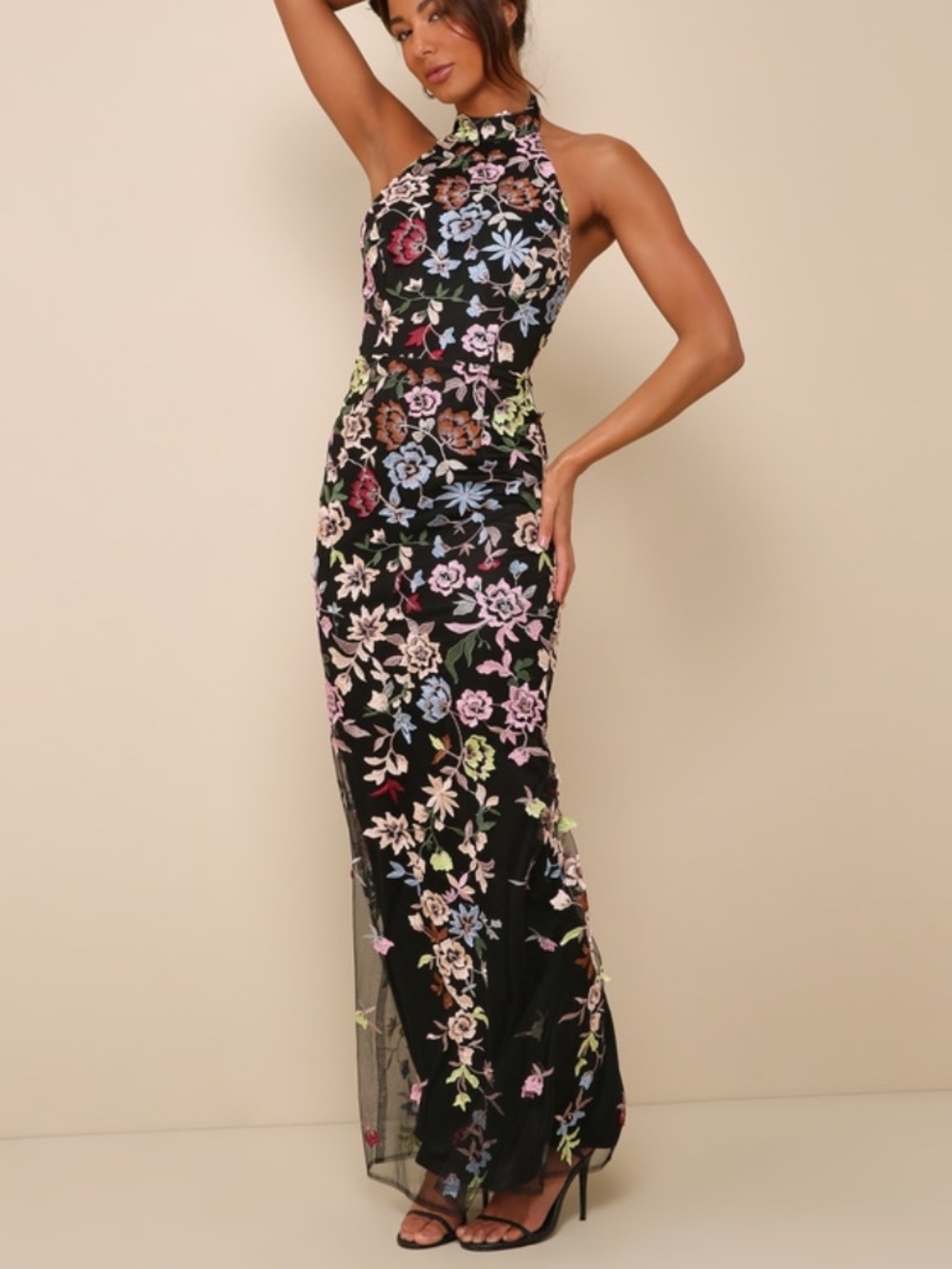 Lulus Infinite Praise Black 3d Floral Embroidered Halter Maxi Dress - Size S